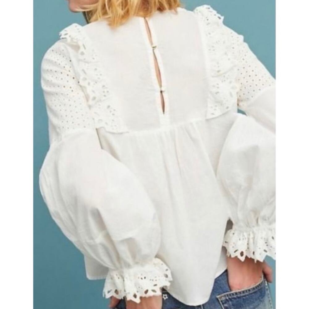 Anthropologie Seen Worn Kept Ivory Eyelet Ruffle 100% Cotton Blouse M - Picture 3 of 11
